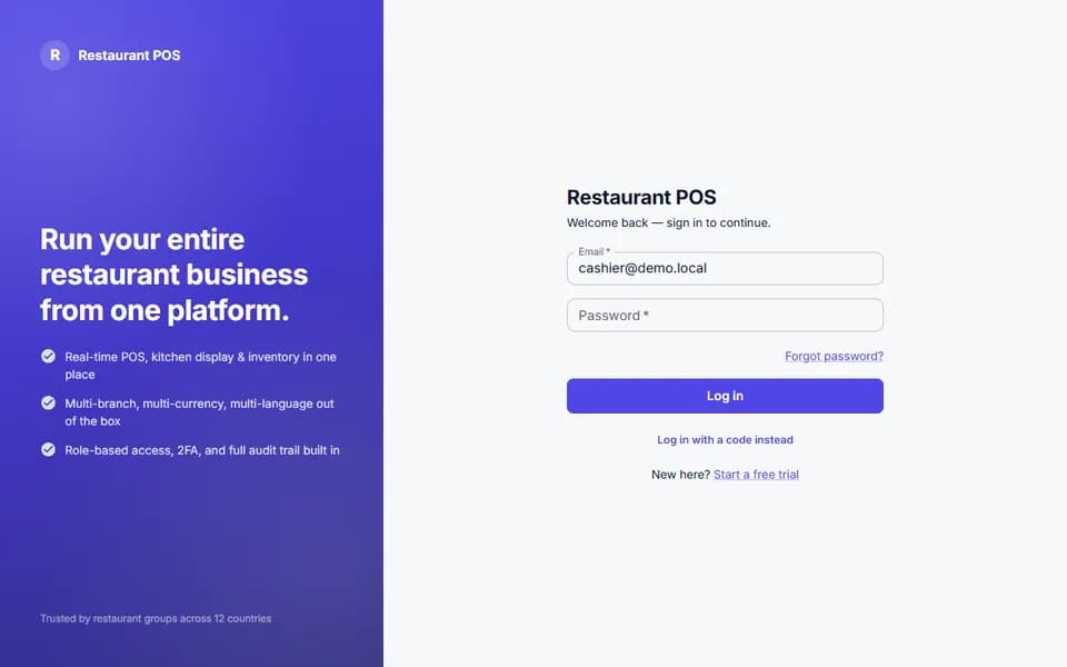 RestaurantPOS sign-in screen for the restaurant point-of-sale platform