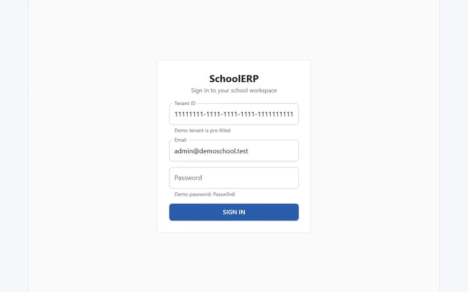 SchoolERP sign-in screen for the school administration workspace